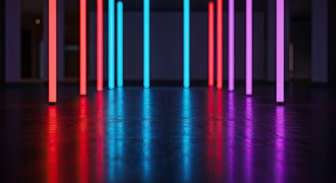 Abstract colorful neon lights arrayed vertically reflecting on dark floor