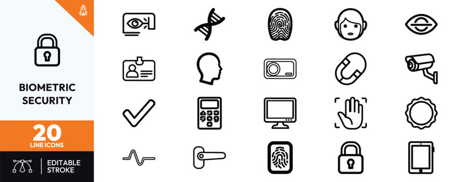Professional biometric security icons set featuring fingerprint iris scan facial recognition and data protection technology