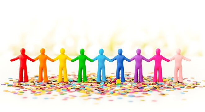 Diverse group of people holding hands in a colorful celebration of unity and diversity isolated on white background