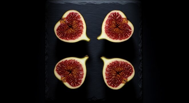Four halved figs on a dark slate plate for healthy eating and nutrition