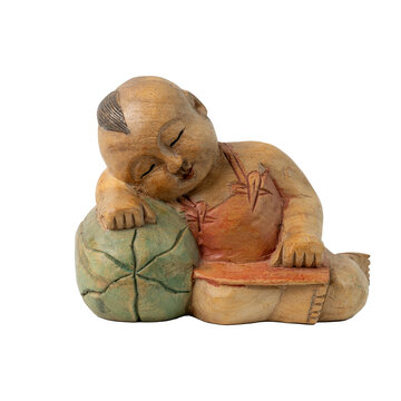 Vintage Hand Carved Wooden BUDDHA Figurine: Sleeping Child on Watermelon - Oriental Good Luck Decor, White baclground