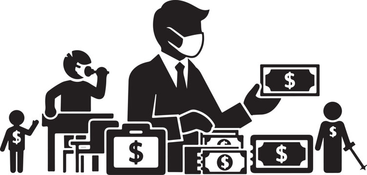 Businessman in face mask handling money, cash, and briefcases, with people around, black and white vector illustration