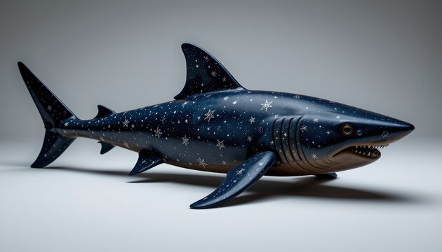 The image features a realistic model of a shark with a sleek, streamlined body and prominent dorsal fin