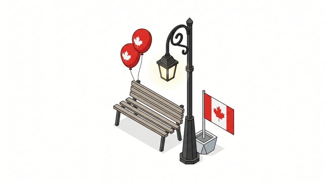 Canada Day celebration street scene with bench, balloons, lamp post, and flag