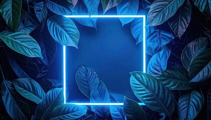 Fototapeta premium A vibrant, neon-lit frame of lush green leaves surrounds a central space, creating a captivating and modern aesthetic.