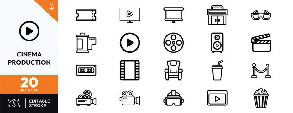 Comprehensive collection of minimalist line icons representing cinema production movie industry and filmmaking equipment elements
