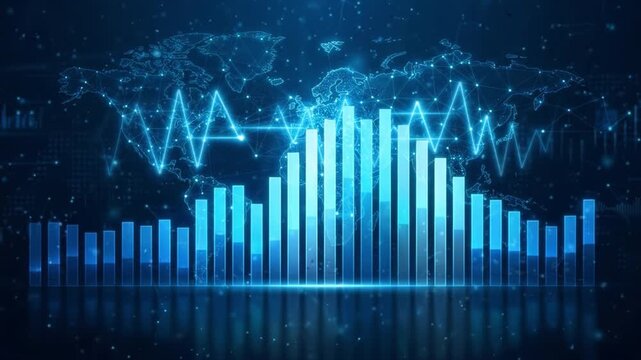 Digital chart graph with world map and glowing data line showing global market analysis financial growth business analytics network trend blue bar chart statistic display futuristic interface