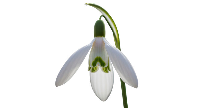 Snowdrop flower close up, elegant white galanthus nivalis blossom, delicate spring flora with green stem and petals isolated PNG with Transparent Background