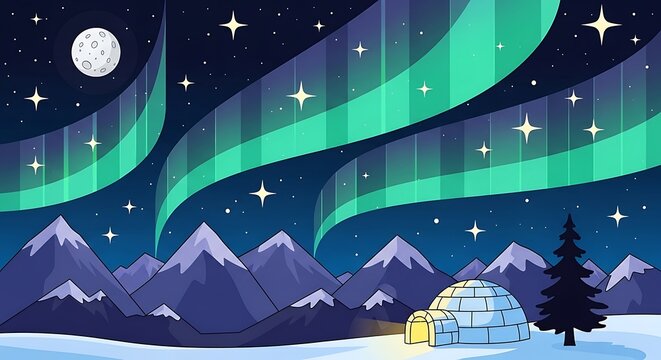 Northern Lights aurora over snowy mountains and igloo at night