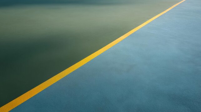 Close-up of a tennis court with a blue surface and a yellow line running parallel to it.