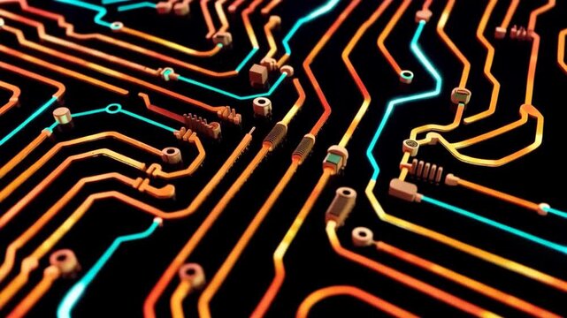 Close-up View of a Glowing Orange and Cyan Circuit Board With Intricate Pathways and Electronic Components.