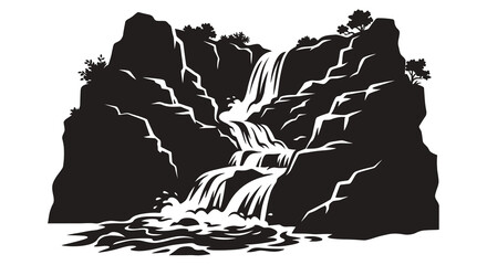 Dramatic waterfall cascading down rocky cliffs a striking black silhouette © asma