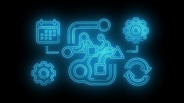 Neon blue flowchart diagram with gears, calendar and arrows on a dark background with a futuristic and technological mood.