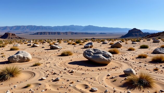 The image depicts an expansive desert landscape with scattered rocks and tufts of dry grass across the sandy terrain