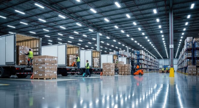 Warehouse logistics workers loading trucks with cargo for distribution