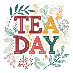 Obraz premium Tea day poster with hand drawn floral decoration leaves.