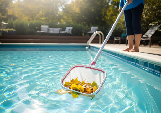 Person Cleaning Autumn Leaves from Swimming Pool with Skimmer Net