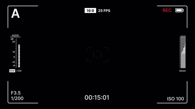 Camera recording overlay with clean cinematic viewfinder and digital HUD elements on dark background. Cinematic camera hud minimal style with recording overlay and digital screen elements. 4K Video