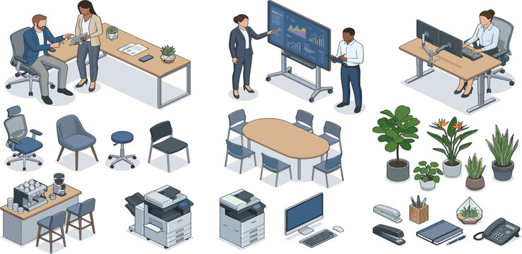 Isometric Office Furniture and Business People Vector Set with Workers, Chairs, Desks, and Equipment