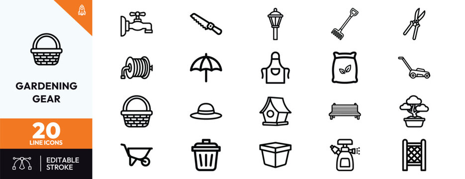 Comprehensive collection of simple black line gardening gear icons for landscape design and outdoor maintenance