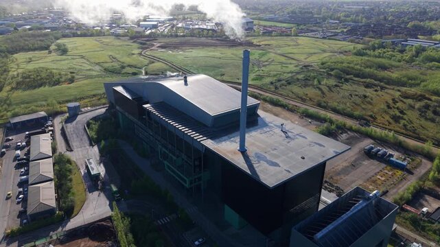 Aerial drone view of a large energy recovery facility and modern waste to renewable power plant in Lincoln