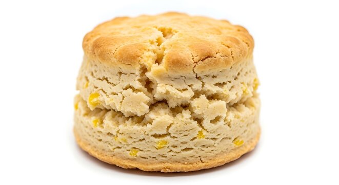 A delicious cornbread biscuit on a white background