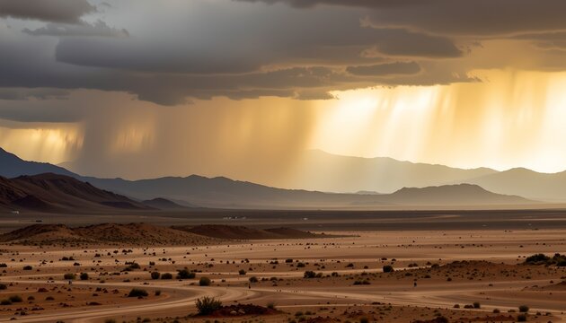The image depicts an expansive desert landscape with rolling sand dunes and sparse vegetation scattered across the terrain