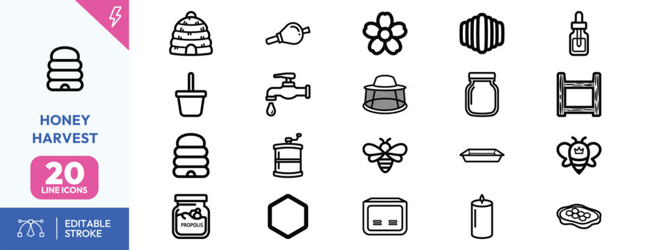 Professional collection of apiculture icons featuring honey extraction tools and essential equipment for bee harvesting