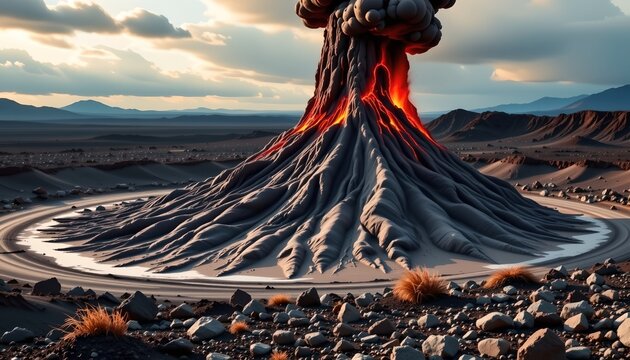 The image depicts a volcanic eruption in a desolate landscape, with a towering volcano spewing dark ash and smoke into a cloudy sky