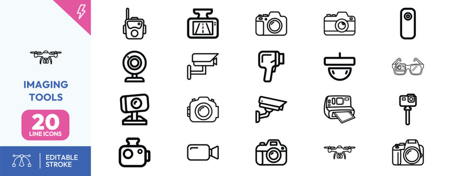Comprehensive collection of twenty minimalist line icons representing various digital cameras and imaging technology devices