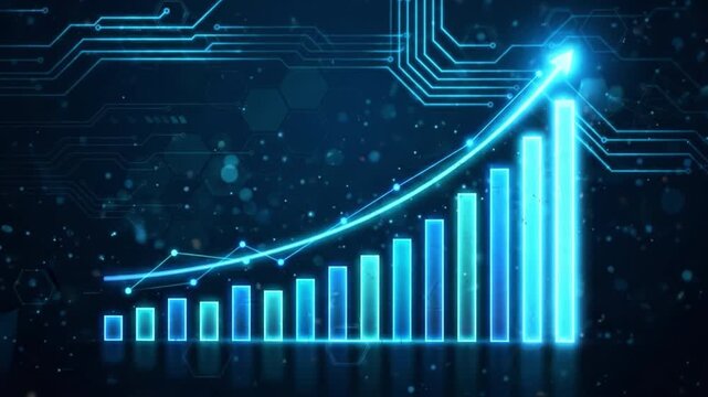 Blue growth chart with glowing bar graph, rising line, and digital circuit background for business finance data analysis, upward trend, progress report, and success indicator