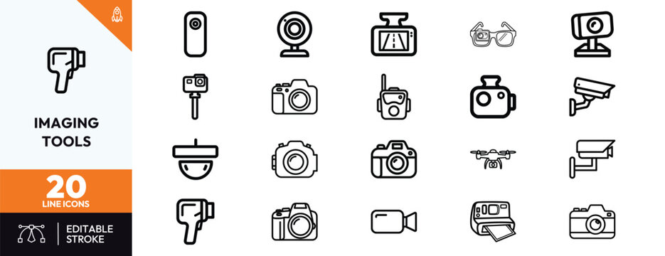 Comprehensive collection of minimalist line icons representing modern digital visual tools and camera equipment.