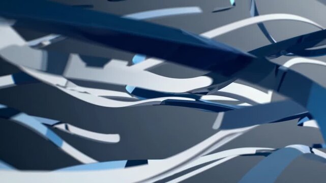 Abstract flowing ribbons in shades of blue and white create a dynamic visual effect against a dark background, showcasing continuous movement and fluidity in design