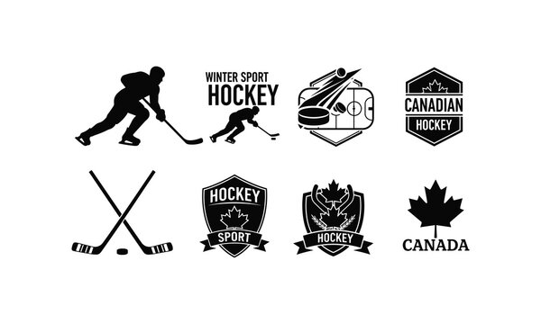 Canadian hockey player silhouettes and sports equipment vector illustration.