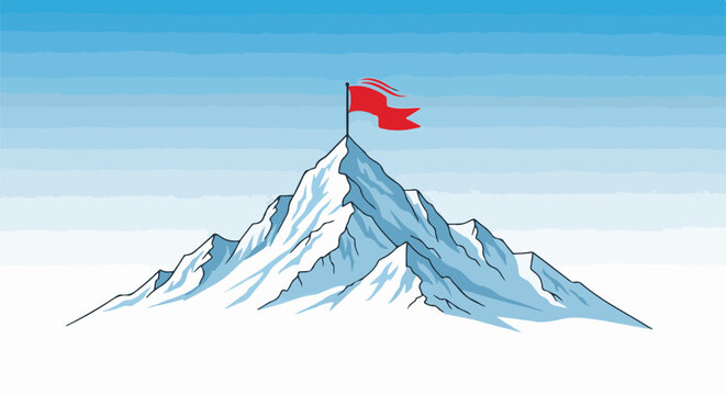 Red flag atop a snow-covered mountain peak under a clear blue sky