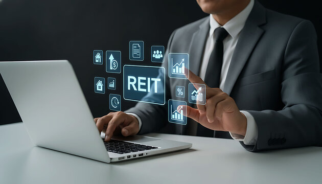 Businessman analyzing real estate investment trust REIT digital financial data on laptop