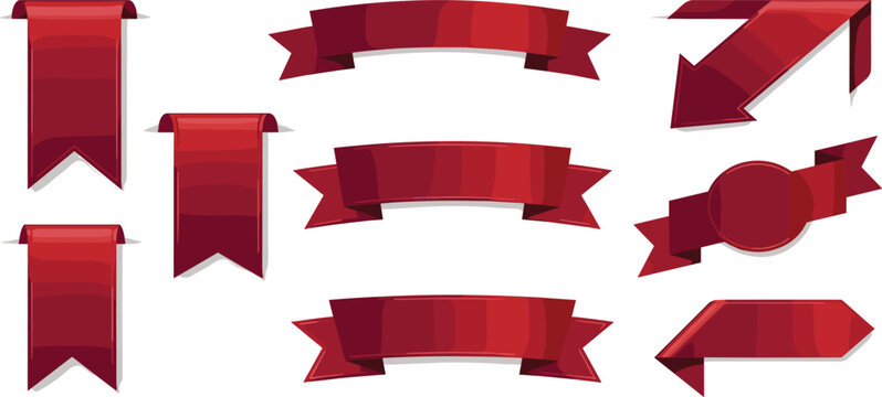 A versatile collection of elegant red ribbons and banners in various shapes and styles, perfect for enhancing design projects, promotional materials, and festive decorations