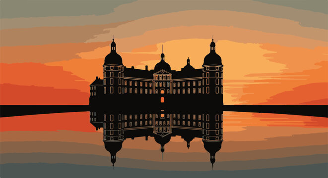 Silhouette of a grand building with domes reflected in calm water at sunset