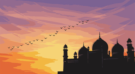 Fototapeta premium Silhouetted domes of an ornate building against a sunset sky with birds in flight