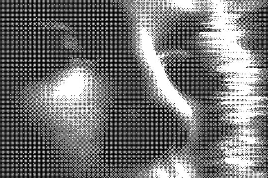 Abstract glitch halftone portrait. Side face in pixel noise, distorted scanline effect, black and white digital art texture.