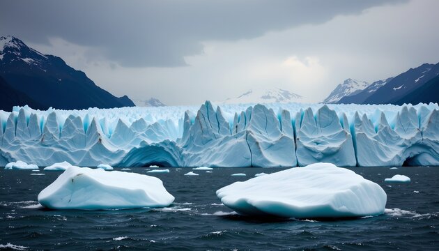 The image depicts a glacial landscape with a large chunk of ice floating in dark waters in the foreground