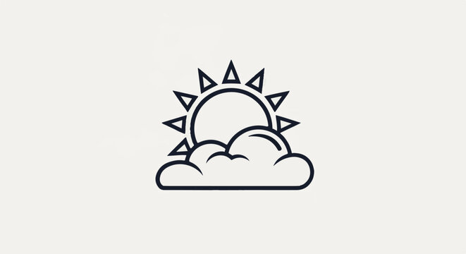 Simple line icon of a sun partially hidden by a fluffy cloud