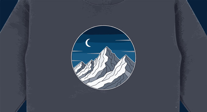 Snowy mountain peaks under a crescent moon at night