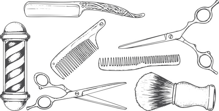 Barber tools: straight razor, scissors, combs, shaving brush, pole