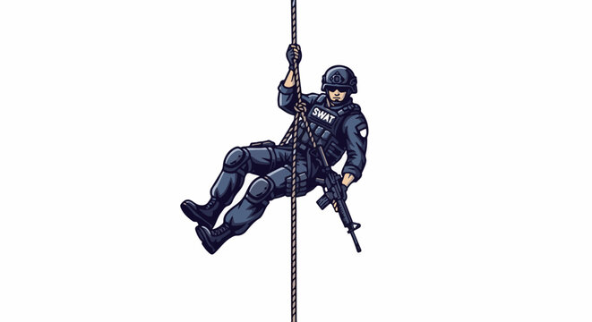 Special forces operative rappels down a rope, armed and equipped for action