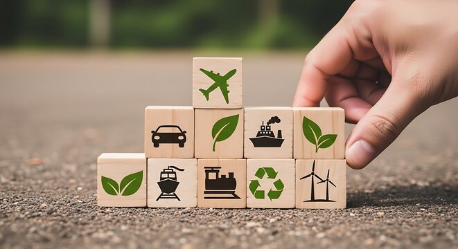Sustainable logistics wooden blocks, green transportation icons on timber cubes, eco friendly supply chain and carbon footprint reduction concept