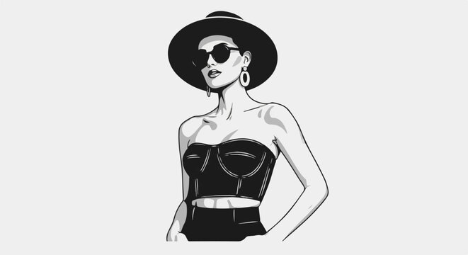 Stylish woman in wide-brimmed hat and sunglasses, black bustier
