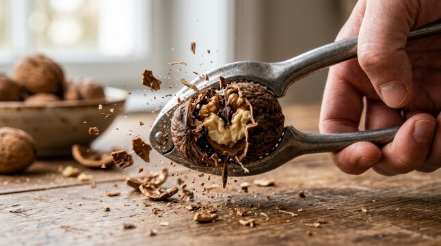 Hand Cracking a Walnut with a Nutcracker, Shell Fragments Flying.