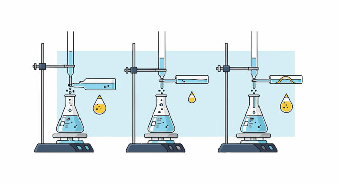 Scientific titration process with flasks, burettes, and drops