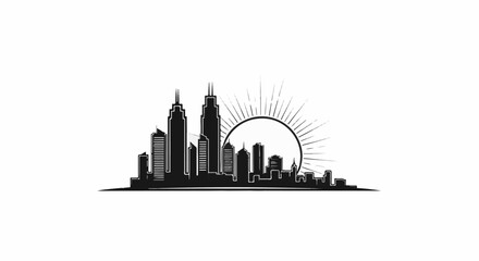 Fototapeta premium Stylized black skyline silhouette with a sunburst rising
